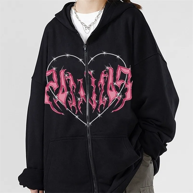 Sweats à capuche pour femmes Sweatshirts Femmes Sweat à capuche zippé Automne Hiver Goth Punk Pocket Print Vestes à manches longues Manteaux Femme Harajuku Oversized Hooded 220919