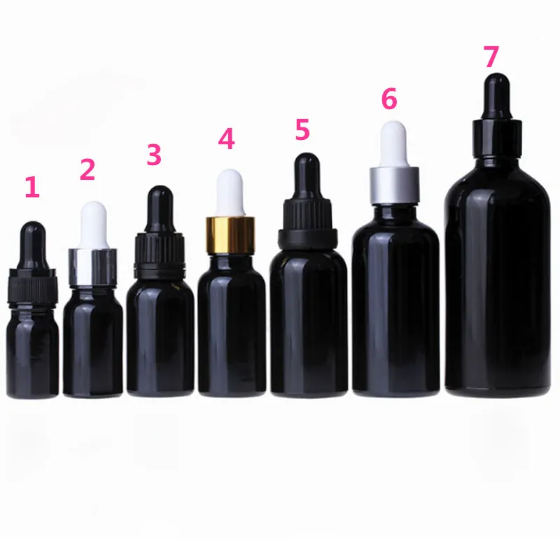 Flacon compte-gouttes en verre noir 5-100 ml flacons de parfum d'huile essentielle de sérum avec 7 bouchons de style