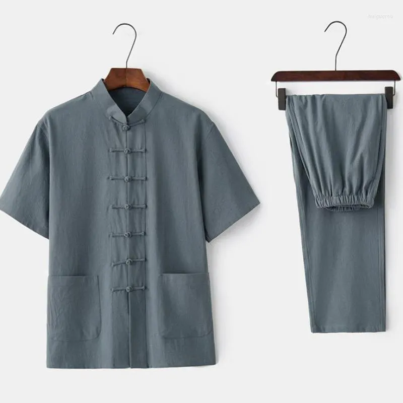 メンズトラックスーツメンズサマーメンズシャツ中国のマンダリンカラータイチータンスーツ従来のシングル胸セットプラスサイズ3xl