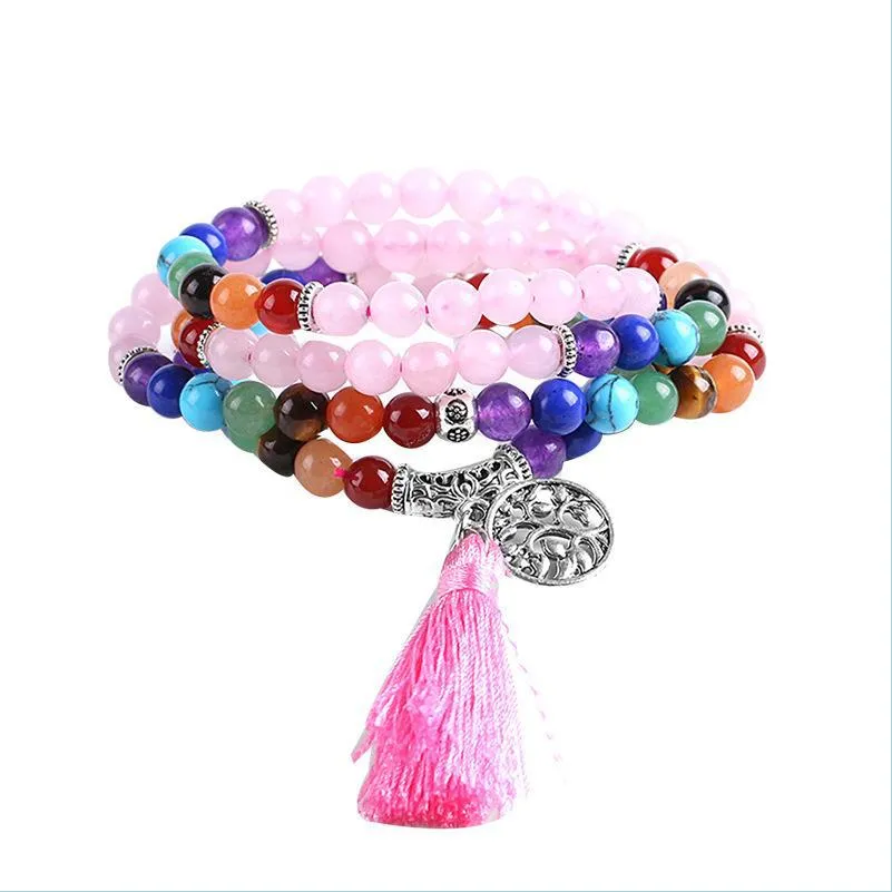 Perles Strands Méditation MTI-Couche Long Strands Bracelets 7 Chakra Yoga Naturel Rond Améthyste Mala Perles Gland Bijoux Drop Deliv Dhtqu