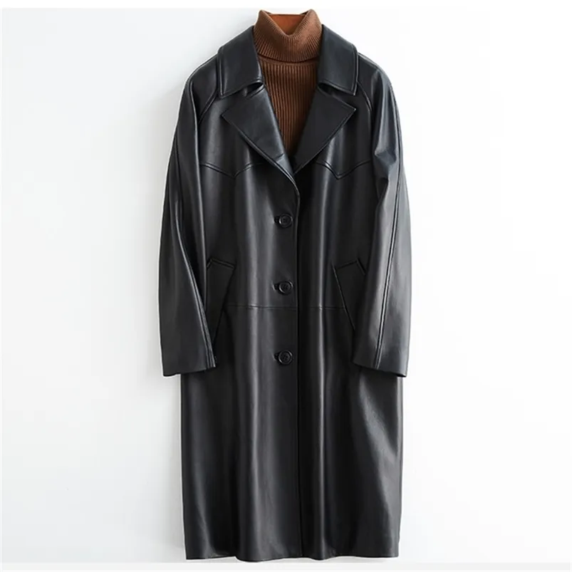 Femmes Cuir Faux Lautaro Printemps Automne Noir Trench-Coat Surdimensionné pour Femmes Manches Raglan Revers Lâche Casual Élégant Mode Coréenne 220919