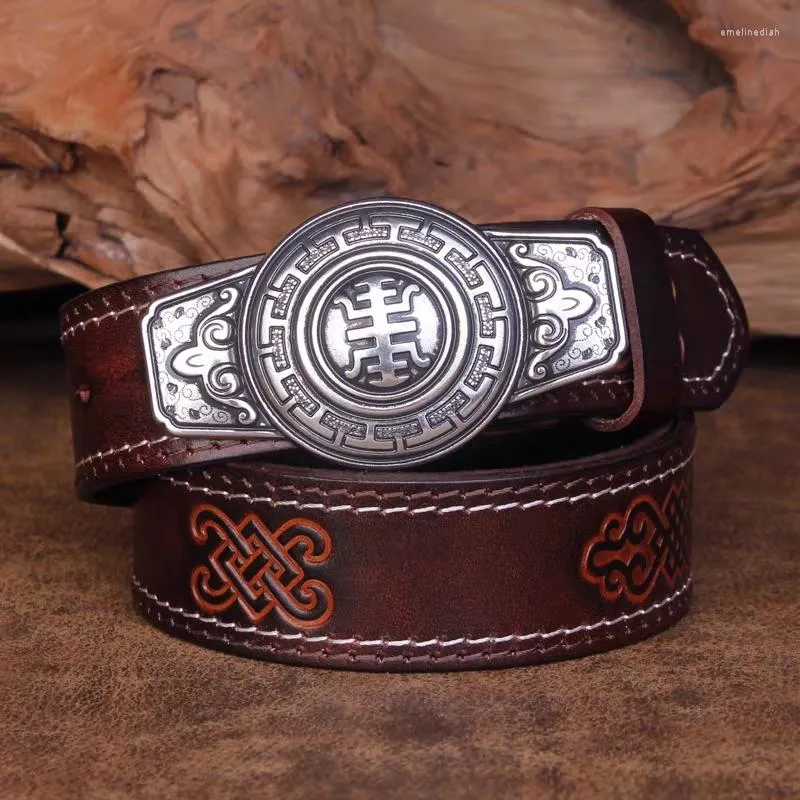 Belts Vegetable Tanned Leather Embossed Belt Male Retro Ethnic Style Carved Tibetan Alloy Plate Buckle Mongolian