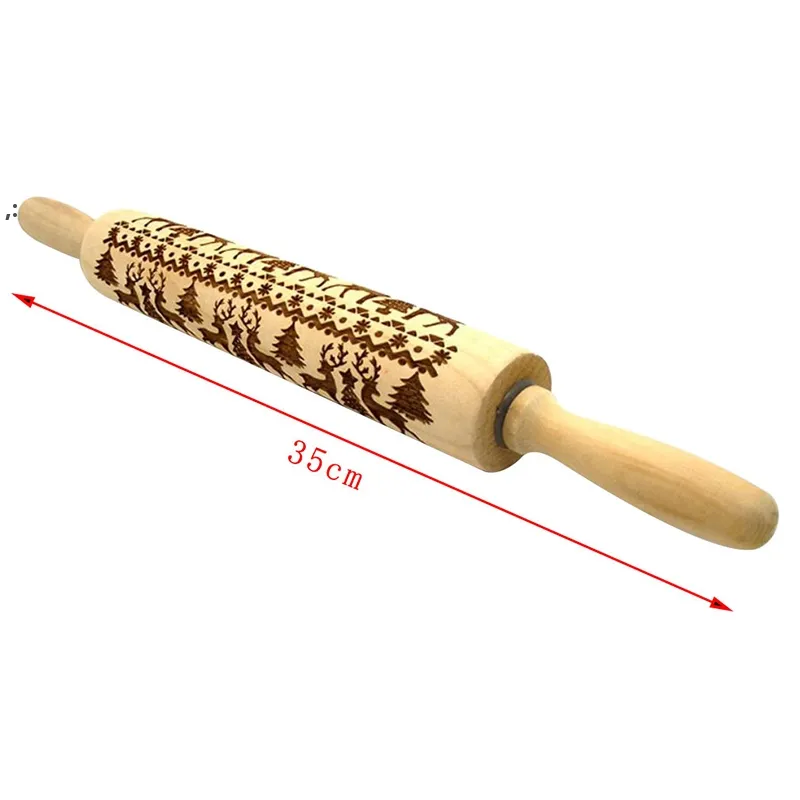 Pinds rouleaux en bois de Noël à rouleaux à roue en relief gravés avec symboles de Noël flocon de neige pour la cuisson en relief biscuits 35 cm GCE14266