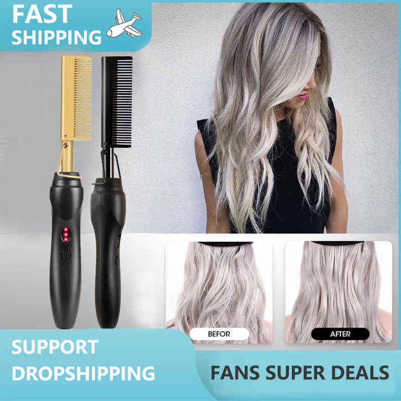 صناديق الشعر ، Hot Afro Afrro Hair Straight High Heat Press Combe Professional Mini Hair Correener Pressing Electric Hot Comb T220916