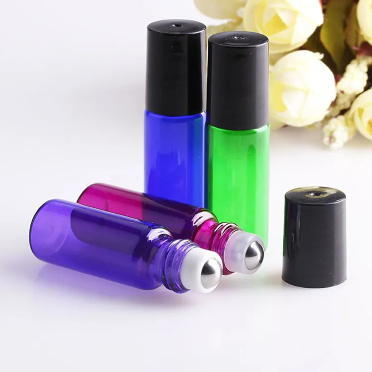 5ml Roll On Bottle Purple/Green/Blue/Rose Pink Glass Roller Vials with Metal Ball Black Lid 1200Pcs/Lot