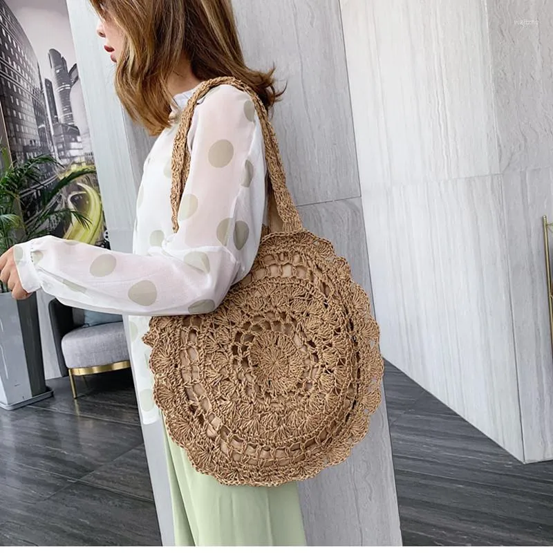 Borse da sera Borsa in paglia intrecciata a mano Borsa cava fatta a mano da donna a forma di cerchio in rattan, grande capacità, casual da viaggio estivo da spiaggia