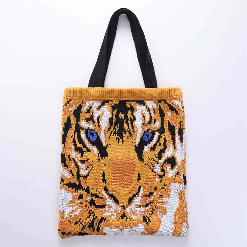 Shoulder Bags Casual Tiger Pattern Knitting Tote Bag Faux Woolen Women Woven Lady Handbags Crochet Large Capacity Shopper Purses 220920