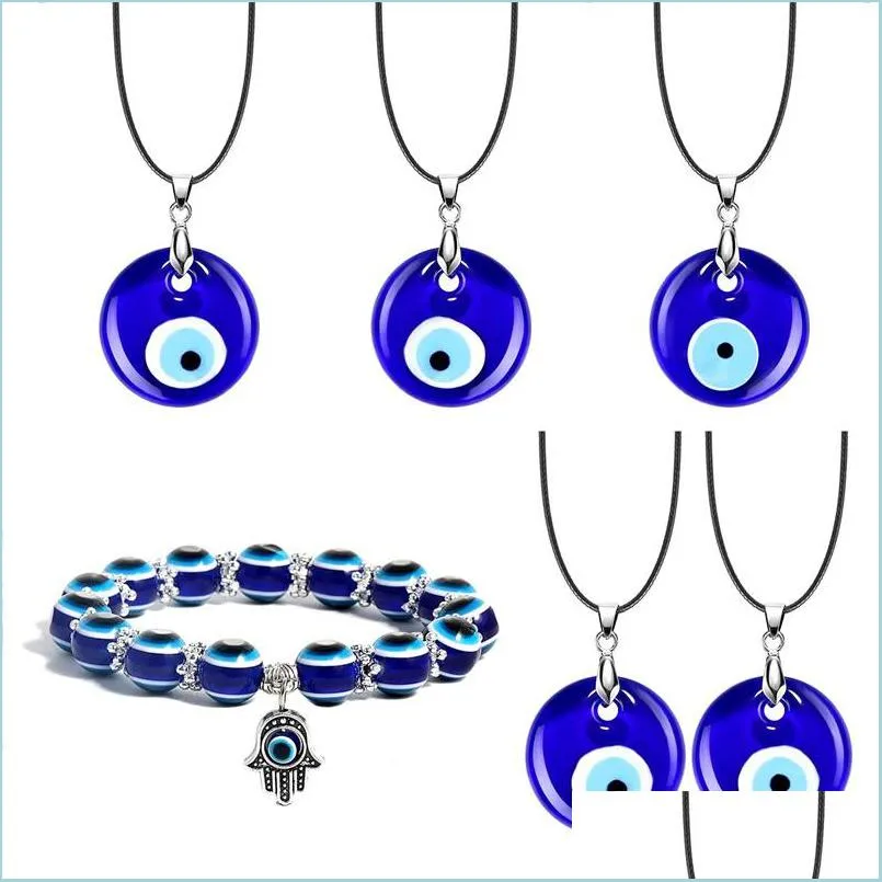 H￤nge halsband Evil Blue Eye Pendant Necklace For Women Black Wax Cord Chain Halsband M￤n Choker smycken Lucky Amet Female Party Dha8s