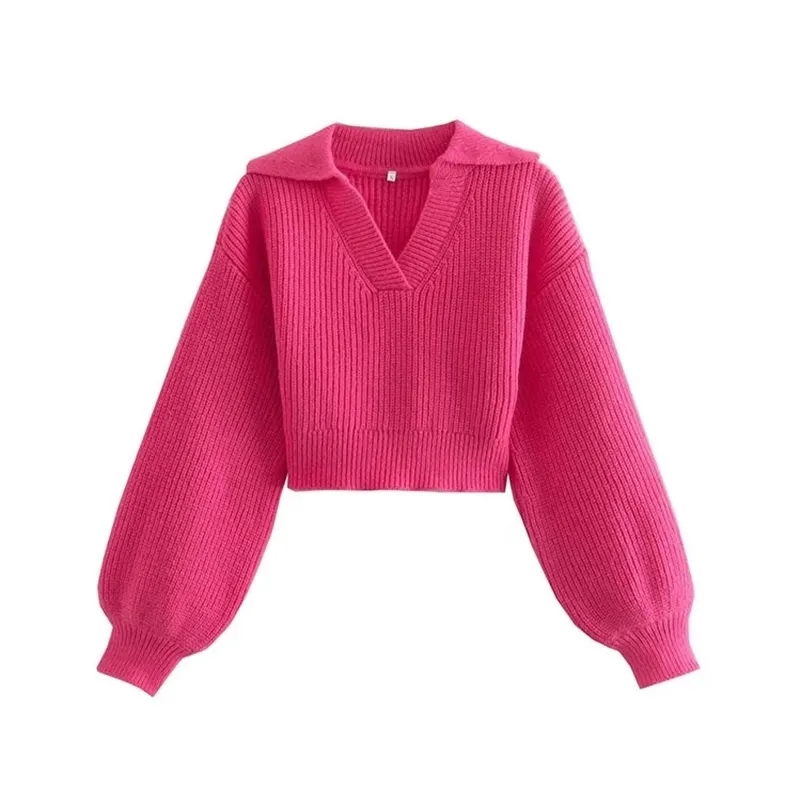 Kobiety swetry Traf Dame Fashion Cropped Knit Sweater Vintage Lapel Cobrator Długie rękawie Pullover Chic Tops 220919
