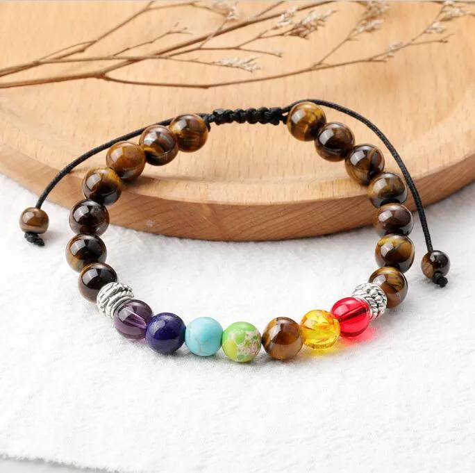 Bracciale con fili di perline occhio di tigre da 8 mm per uomo donna Misura regolabile 7 perline chakra regalo di gioielli con braccialetto intrecciato