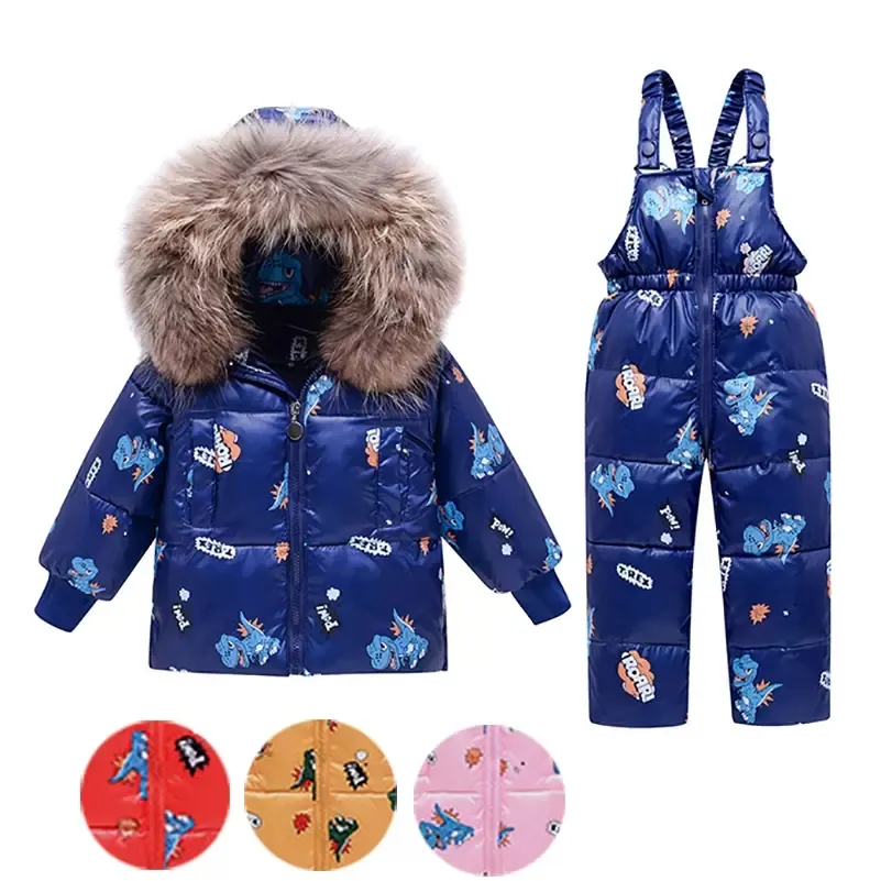 OC 409M95 Clothing Sets Thick warm Down Coat Baby Bodysuit Outwear Real fur collar White duck Rompers 2-piece set Zipper opening Belt pants