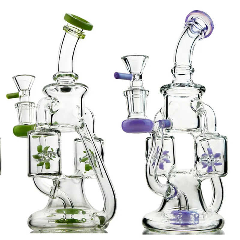 Dubbele recycler glazen bongs waterpoelige propeller spinnen percolater waterpijp kleurrijke paarse groene rookpijpen windmolen perc rigs met 14 mm gewrichtskom xl167