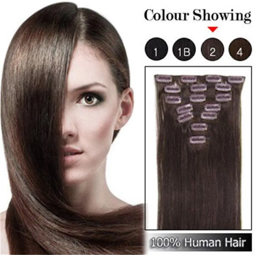 Brezilyalı insan saçı düz klipli saç uzantılarında 7pcs tam kafa seti 16-22 Çarpma Renkler Hızlı 286Z