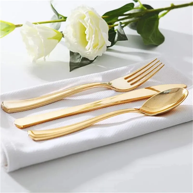 Rose Gold Plastic Dinware Plastic Table Tare Dessert Knives Forks Lepel bestek Set bruiloft Verjaardagsfeestje Decor Leverage