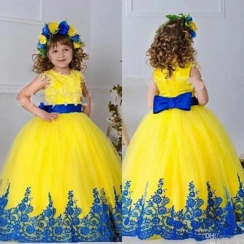 2023 żółte tiulowe koronkowe sukienki kwiatowe dziewczyny do załogi ślubnej bez rękawów czarna aplikacja kokardka długie dziewczyny