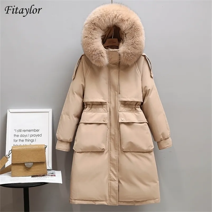 Женские падения Parkas Fitaylor Winter Women Long Jacket Большая натуральная меховая воротника с капюшоном 90% толщины белого ути