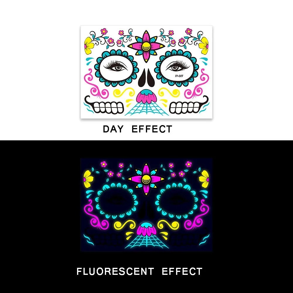 Fluorescent Halloween Face Tattoo Sticker Day of the Dead Funny Temporary Neon Face Sticker for Festival Masquerade Party Makeup