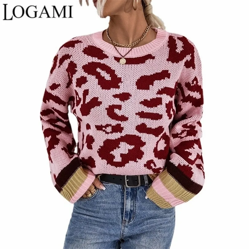Maglioni da donna LOGAMI Autunno Inverno Pullover girocollo Maglione femminile Maglione lavorato a maglia leopardato in colore a contrasto 220920