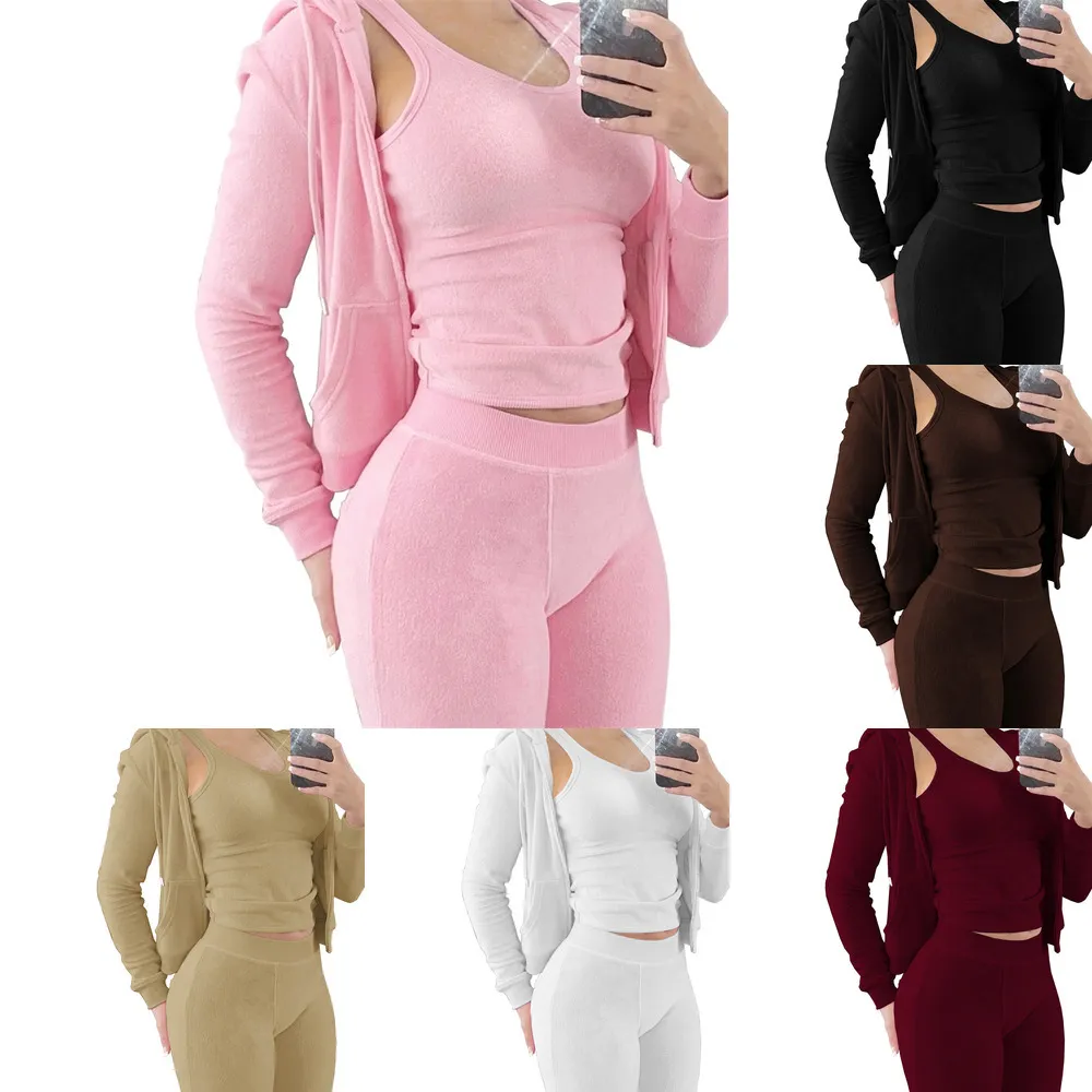 Womens Sport Tracksuits International Station Autumn And Winter New Double-sided Cashmere Vest Hoodie Three Piece Set