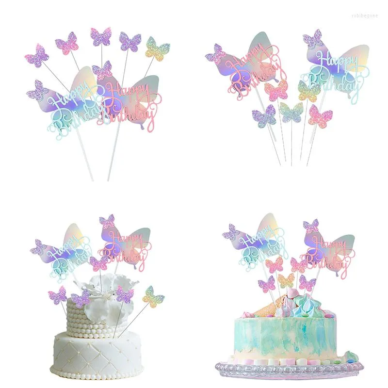 Festliga leveranser 6st/set Happy Birthday Sequin Butterfly Cake Topper för Princess Girl Party dekoration baby shower gåvor