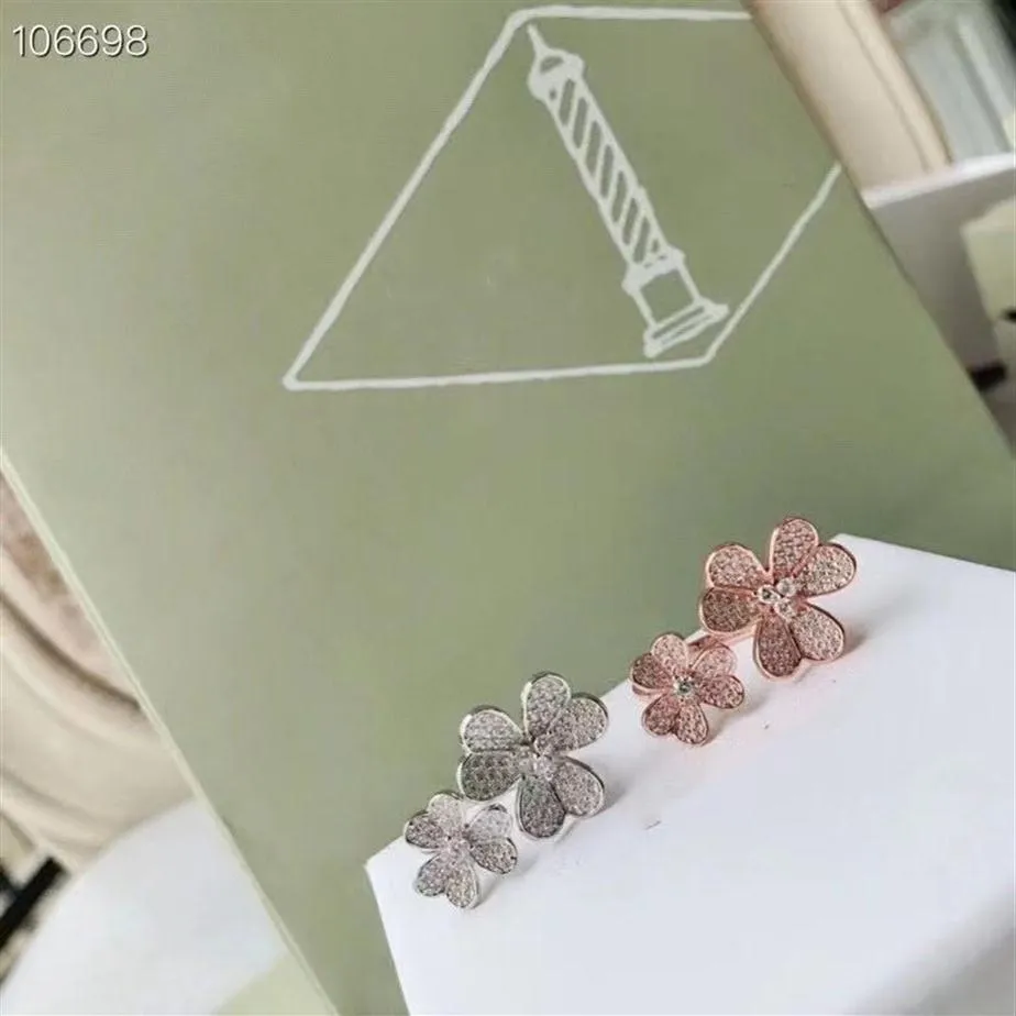 Luxusmarke Designer S925 Sterling Silber Ring mit voller Kristall drei Blätterblumencharme offen für Frauen Juwely295f