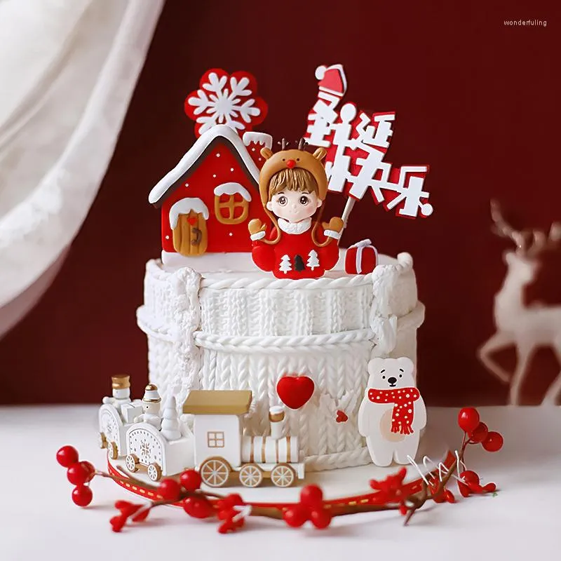 Fournitures festives, sweat à capuche en forme de cerf rouge et blanc pour fille, garniture de gâteau de joyeux noël pour l'année, décoration de pâtisserie pour fête d'élan, Dessert