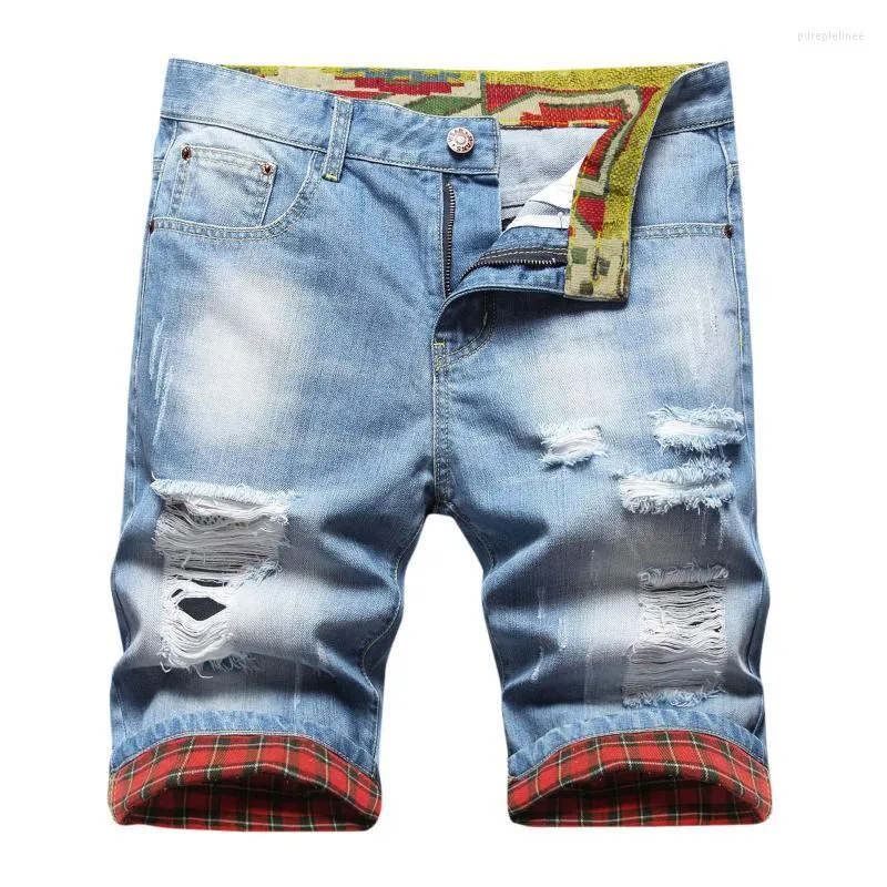 Men's Jeans Men's Male Casual Mid Waist Hole Shorts Plaid Print Edge Curl Zipper Pocket Short Pants Purple Tie Underwear Men