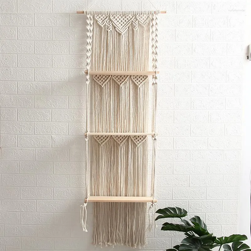Hooks Boho Wall Hanging Shelf Handmade Woven Tassel Wood Organizer Shelves 3 Tier Floating Hangers For Home Decor
