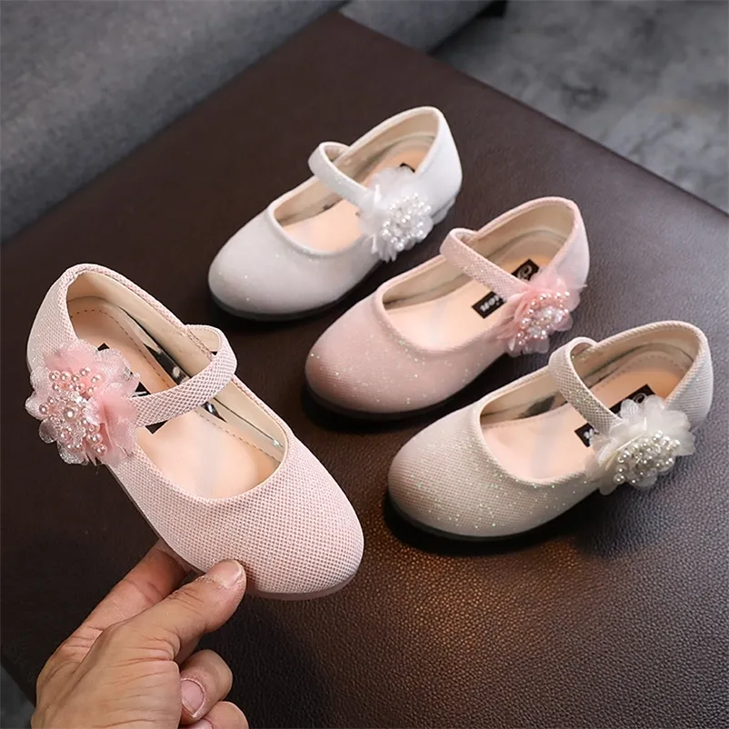Sneakers Little Girls Pearl Flowers Princess Shoes For Wedding Party Dance Kids Fashion Single Children Chaussure Fille Pink White 220920