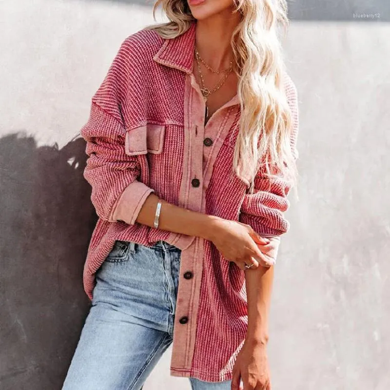 Women's Jackets Flannel Shirts Turn Down Collar Women Long Sleeve Pink Tops Coat Casual Streetwear Button Female Loose Pocket Patchwork Lapel Outerwear