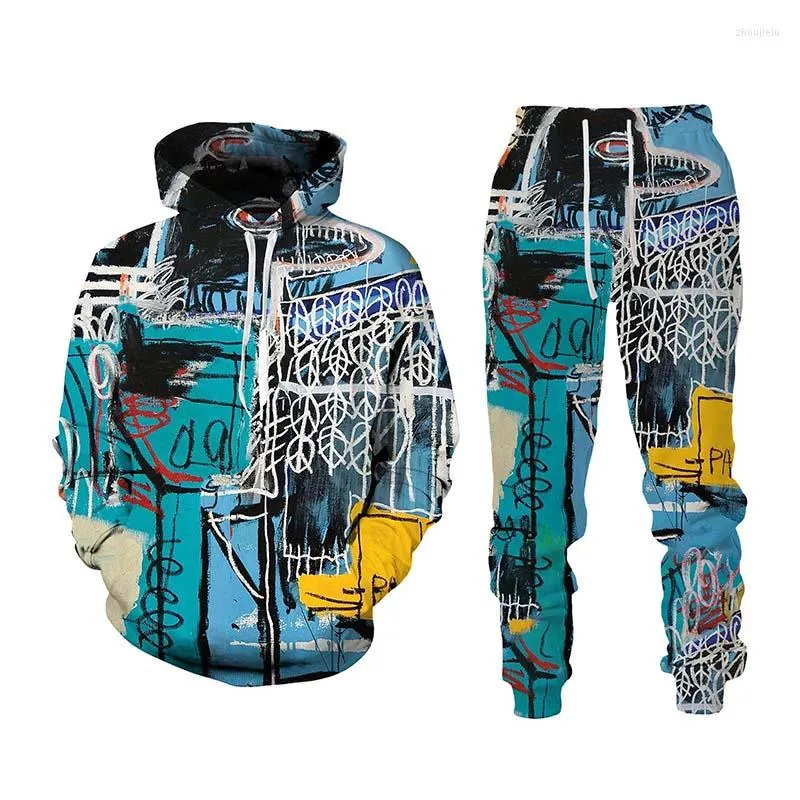 Herrspåriga Hip Hop Graffiti 3D -tecknad tryckta hoodie -byxor Passar coola män/kvinnor 2 st.