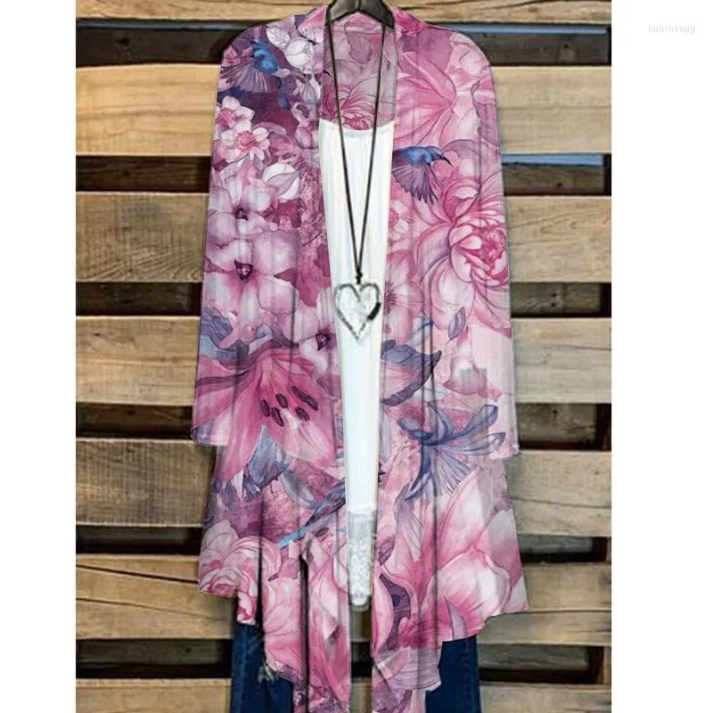 Damesbreien dames T-stukken dames chiffon shirts sjaal bloemenprint kimono vest met lange mouwen vintage blouse strandkleding mode