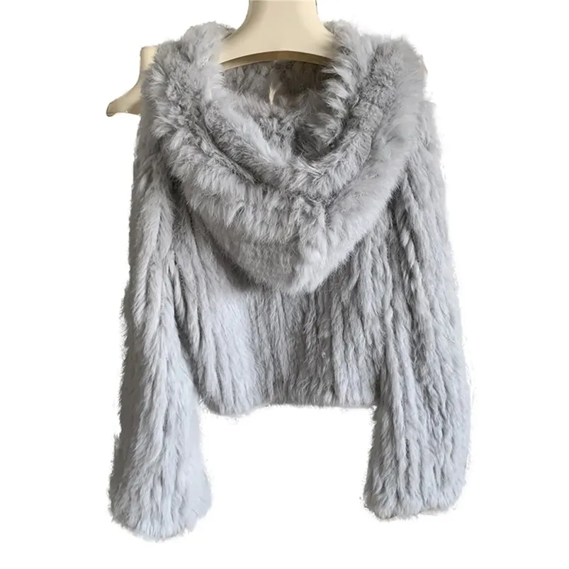 Fourrure féminine fausse harppihop tricoté de lapin authentique manteau de fourrure de fourrure femme longue veste de lapin