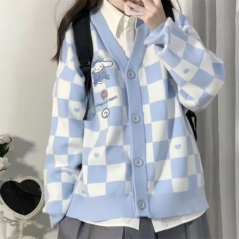 Женские свитера Y2K вязаный женский кардиганский свитер карты Симпатичная мультипликационная вышивка Японская униформа для шахма