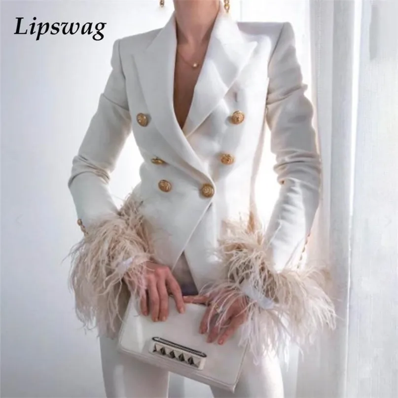 Kvinnorjackor Elegant Turn-Down Collar Lady Blazer Top Casual Long Sleeve Women Suit Coat Fashion Fuzzy Feather Double Breasted Jacket Outwear 220919