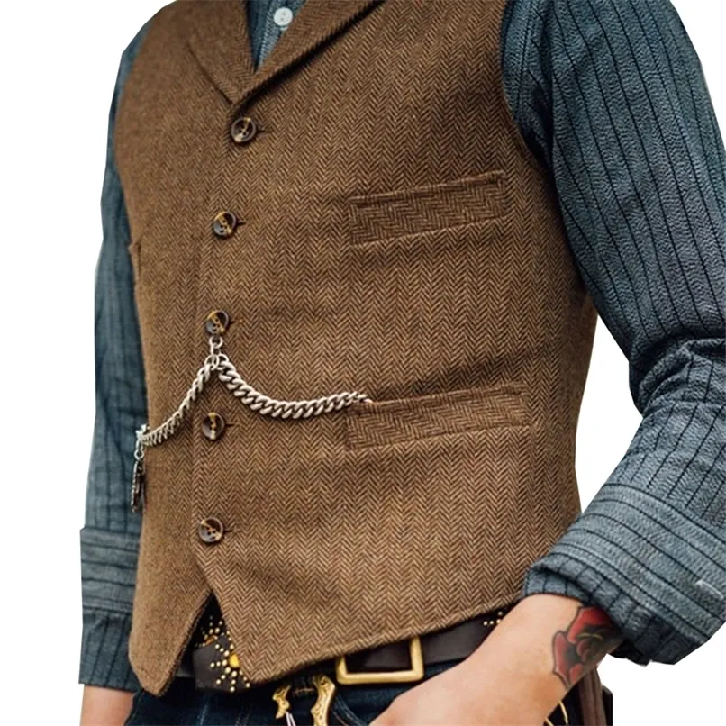 Abiti da uomo Blazer Business Abito da uomo Gilet Risvolto con scollo a V Lana a spina di pesce Gilet marrone casual Giacca da sposo formale formale per matrimonio 220919