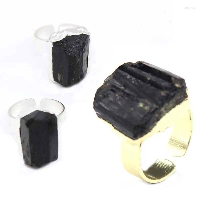 Cluster Rings Natural Black Tourmaline Stone Finger Men Plating Irregular Resizable Unique Ring For Women Party Jewelry Gift