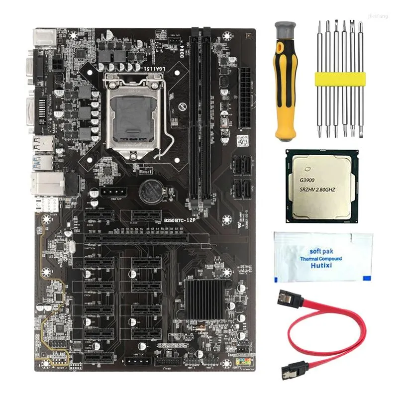 マザーボード-B250 BTCマイニングマザーボードG3900 CPUサーマルグリースドライバーSATAケーブル12 PCIEスロットLGA1151 DDR4 RAM SATA3.0