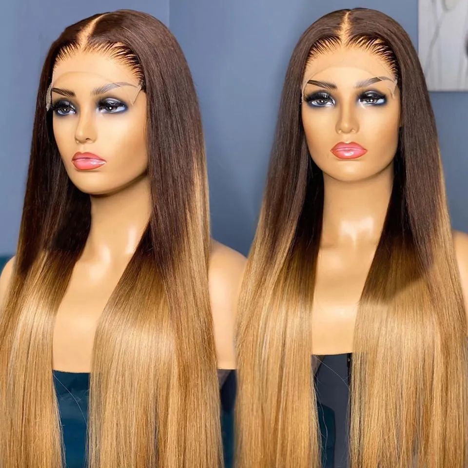 360 250% Human Hair Wig Front Lace Wigs Ombre Brown/27 Honey Blonde 13X4 Lace Frontal 150% Density with Baby Hair