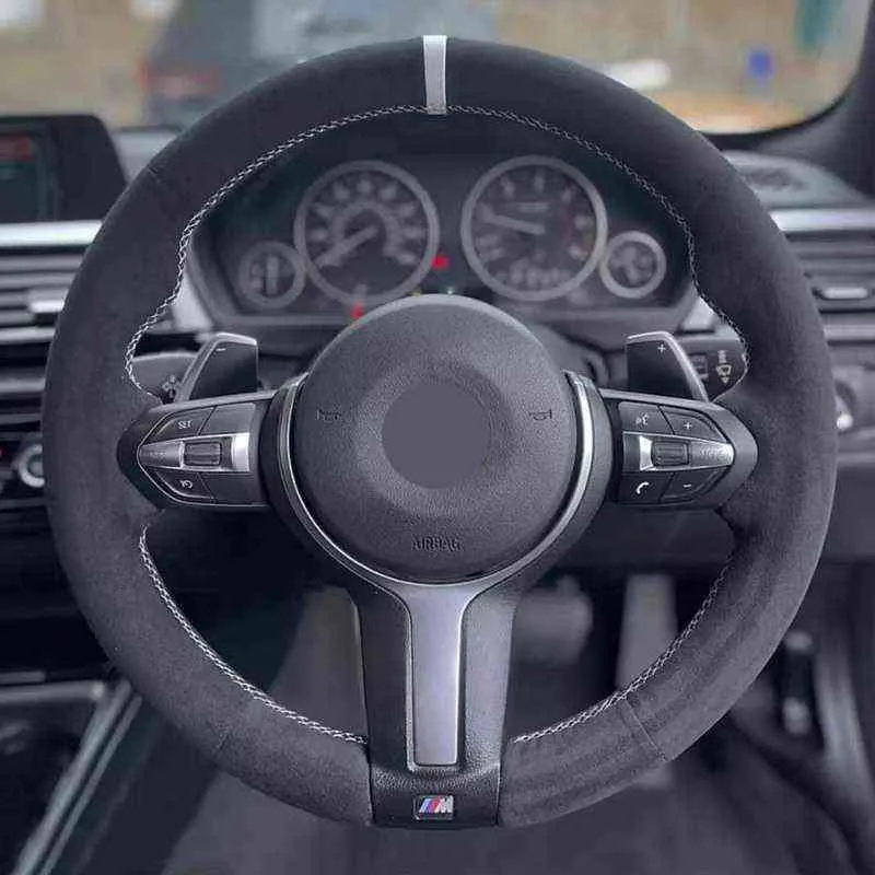 غطاء عجلة القيادة من جلد الغزال الأسود لـ BMW M Sport F30 F34 F10 F11 F07 X1 X2 X3 F25 F32 F33 F36 F48 F39 Accessories J220808