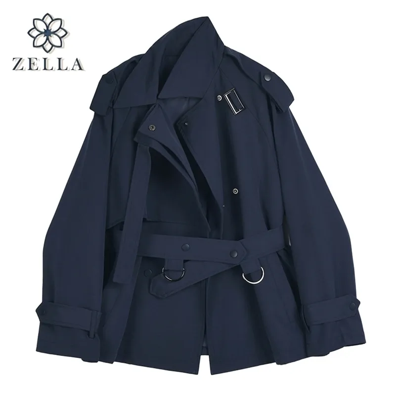 Mulheres Trench Coats Outono Inverno Curto Navy Trench Coat para Mulheres Lapela Windbreaker Jaqueta com Cinto Elegante Feminino Solto Coreano Outerwear 220920