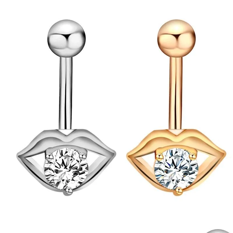 Navel Bell Button Rings 1Pc Stainless Steel Navel Piercings Body Jewelry Fashion Lip-Shaped Zircon Belly Button Ring Bar Sexy Crysta Dha5B