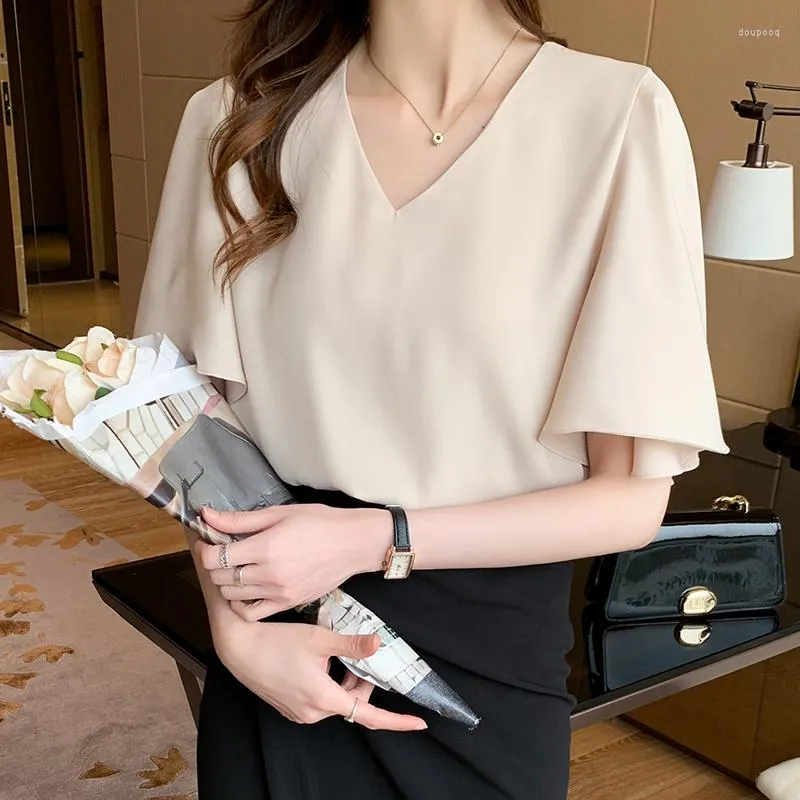 Blouses pour femmes Slim Fit femmes Blouse été en mousseline de soie lâche volants chemise à manches courtes haut décontracté mode femme 2022 Style coréen