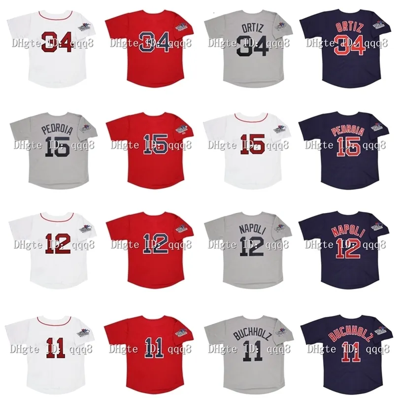 Gla2013 Retro 15 Dustin Pedroia Trikot 34 David Ortiz 12 Mike Napoli 11 Clay Buchholz Blau Rot Weiß Grau Vintage Baseball-Trikots