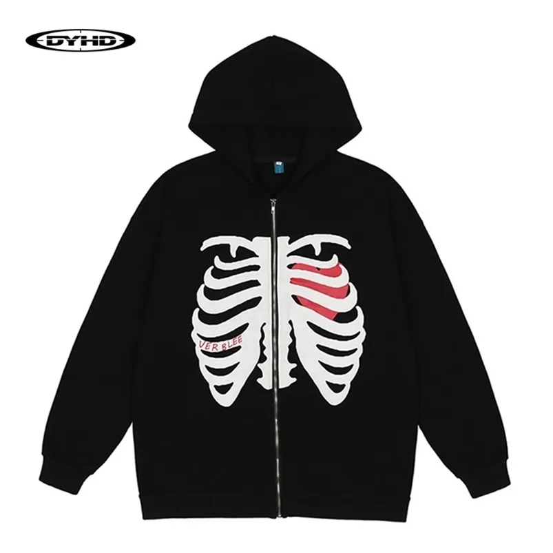 Herrtröjor tröjor överdimensionerade skelett zip up hoodie jacka män streetwear gothic skum tryck huva tunt unisex våren hösten 220919