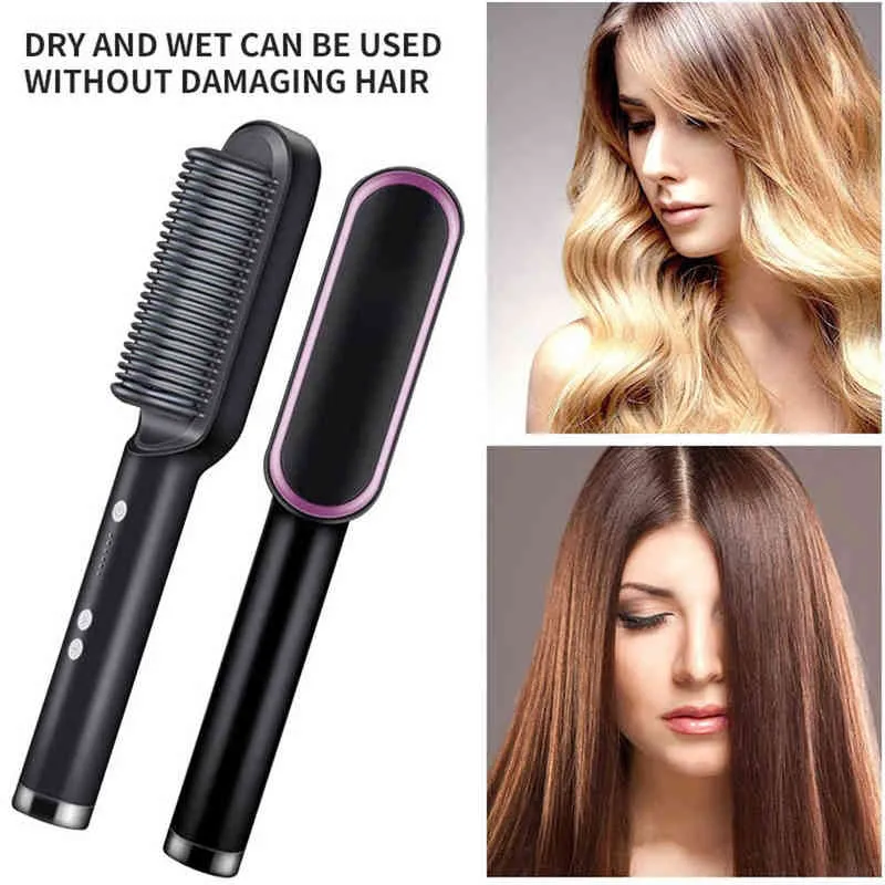 Hair Curlers Straighteners Professional Hair Straightener Brush For Dry Wet Hair Smoothing Comb Styler Ionic Brush Straightening Hot Comb Curling T220916