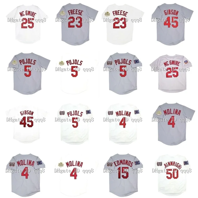 Glavintage 2006 Jersey de beisebol de 2011 5 Albert Pujols Mark 25 McGwire 15 Jim Edmonds 4 Yadier Molina 50 Adam Wainwright 45 Bob Gibson 23 David