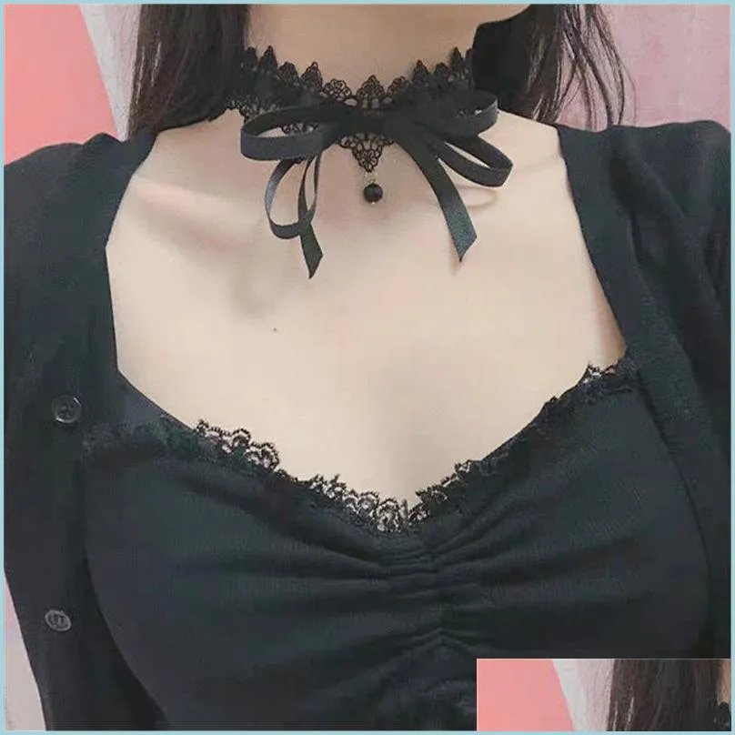 Chokers coreano Bowknotn Girl Dark Girl Black Lace Charking Colar Punk gótico loli colarinho fofo jóias femininas 20211230 T2 Drop de dhz6b