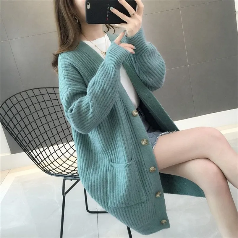 Women's Sweaters Ladies Knitted Vneck Cardigan Midlength Casual Loose Singlebreasted Coat Jacket Female Thick Outwear Women's Autumn Winter 220920