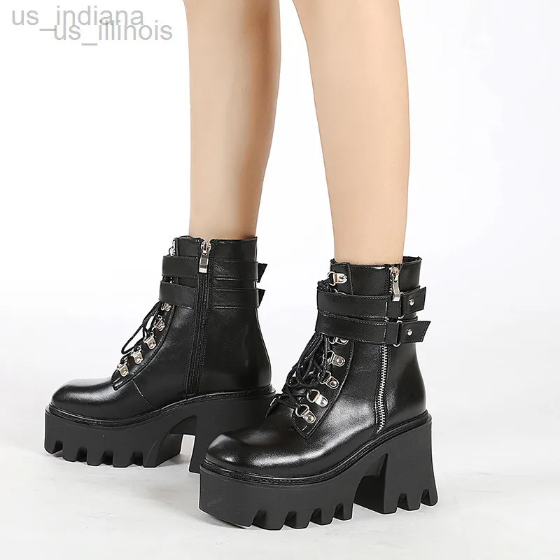 Boots Sexy Autumn Women Platform Black Leather Gothic Punk Style Combat For Mid Heels Comfortablech87 L220916